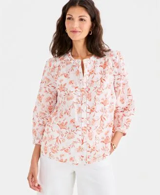 Cotton Button Front 3/4 Sleeve Top by Style & Co