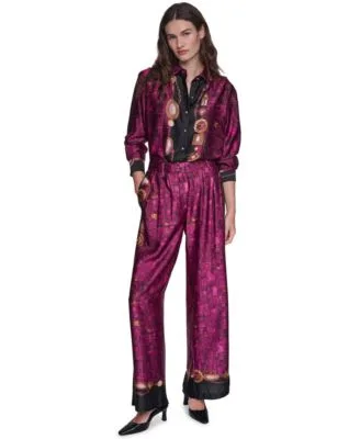 Long Sleeve Printed Collared Blouse Pleated Wide Leg Satin Pants by Karl Lagerfeld