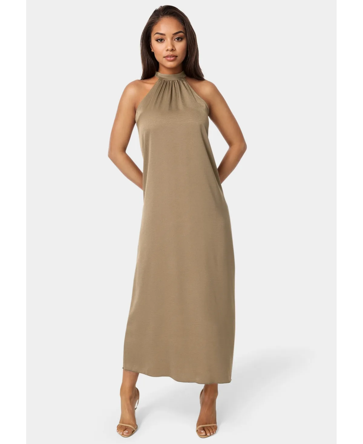 Crushed Satin Mock Neck Maxi Dress by bebe