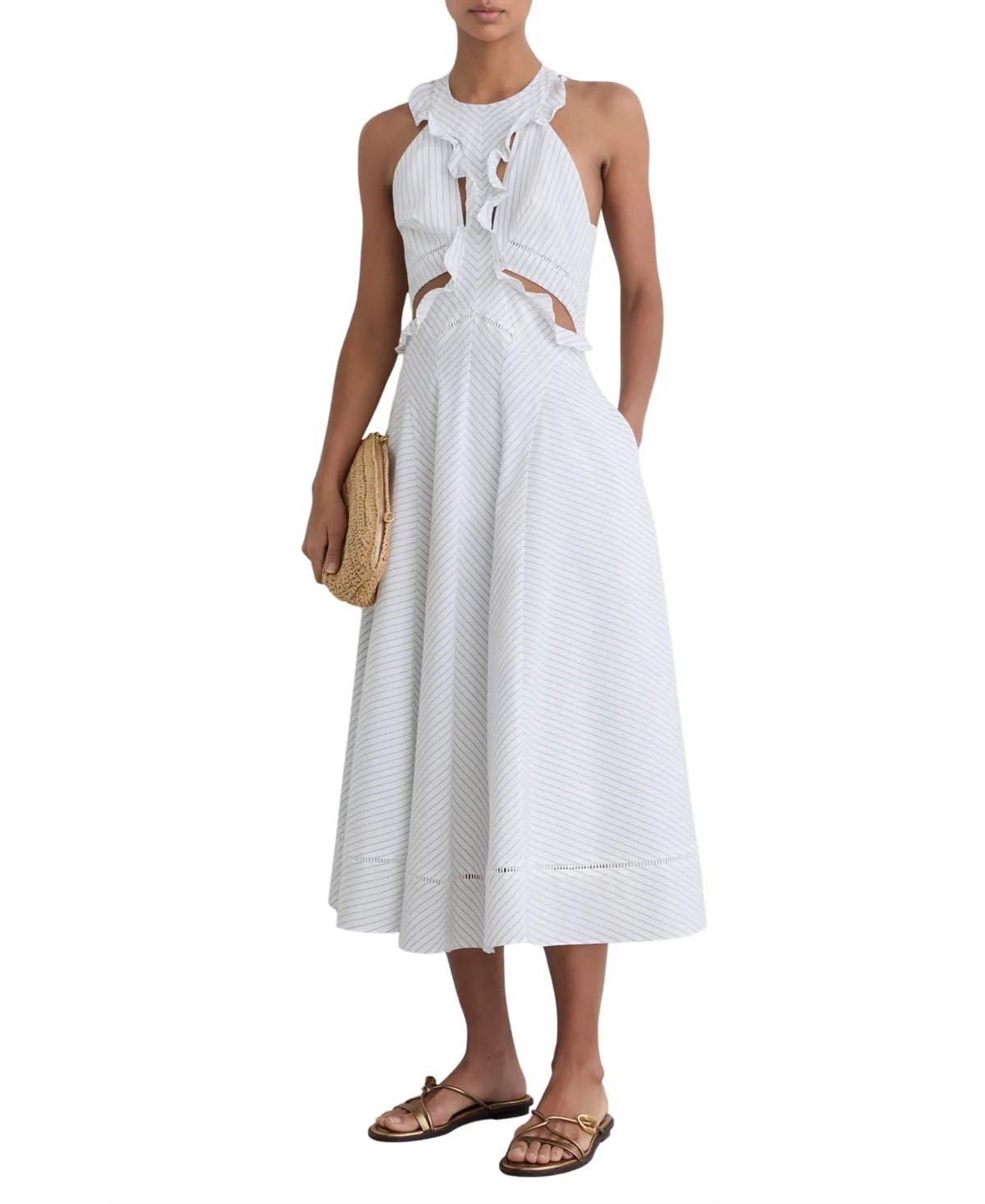 Ilse Ruffle Striped Midi Dress by Reiss
