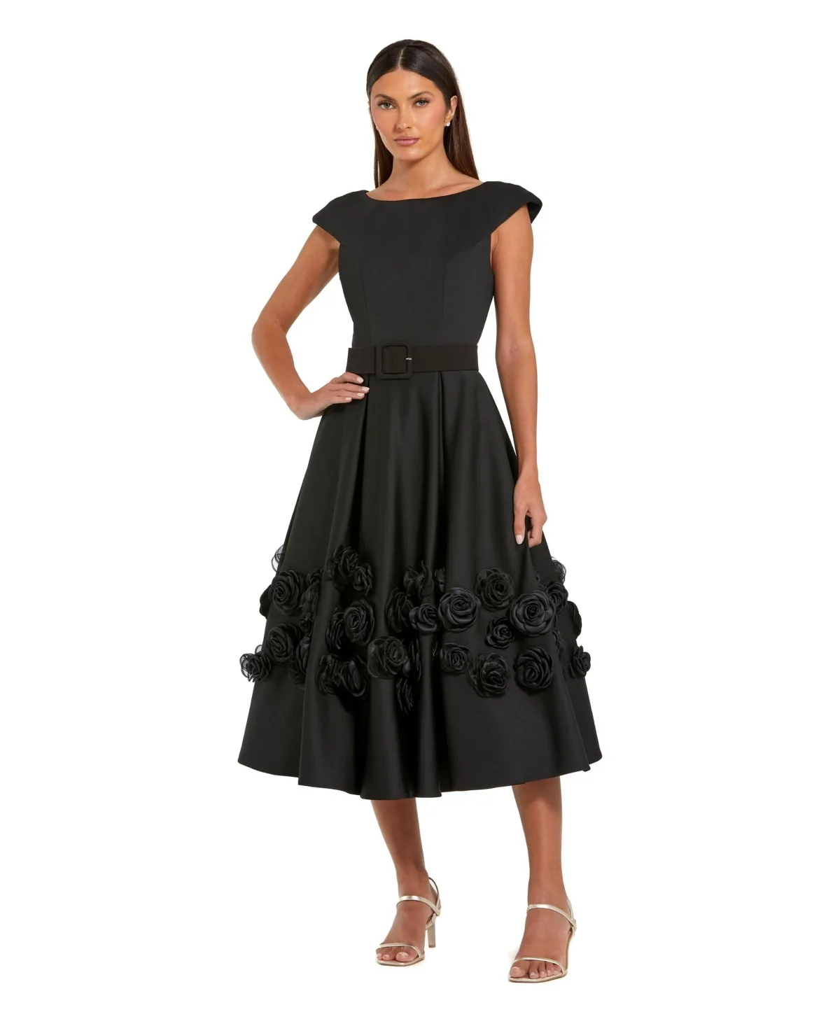 Belted Floral Rosette A-Line Midi Dress by M.A.C.