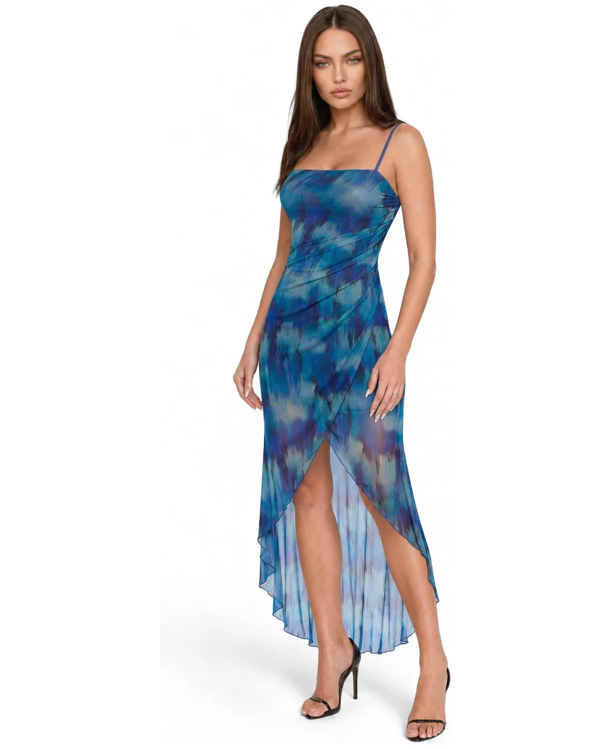 Square Neck Hi-Low Mesh Maxi Dress by bebe