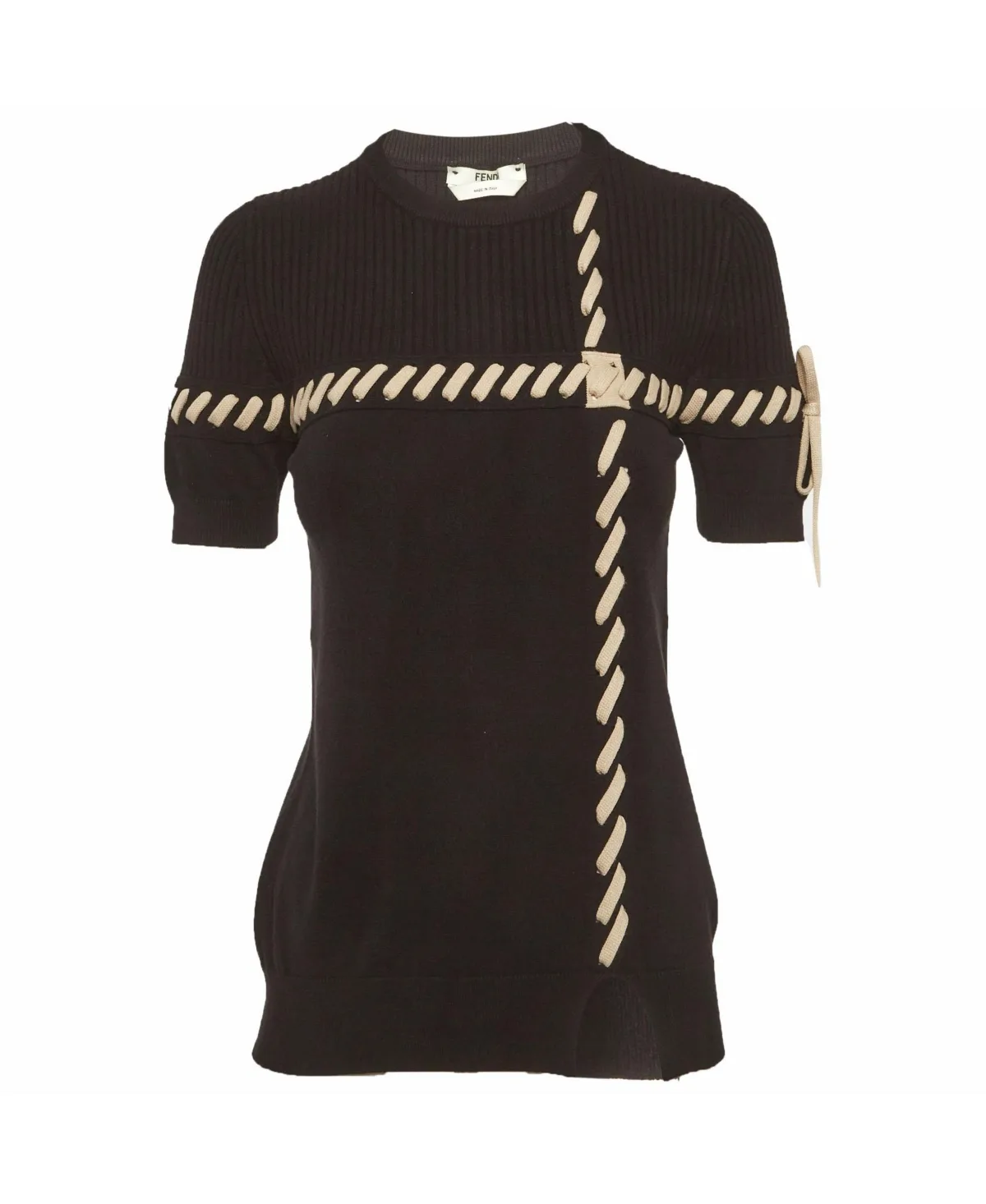 Pre-Owned Rib Knit Lace-Up Short Sleeve Top by FENDI