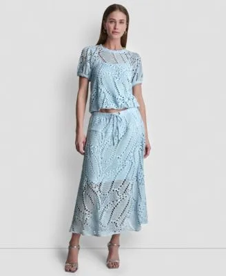 Leaf Crochet Short Sleeve Top Crochet Leaf Pull on Midi Skirt by DKNY