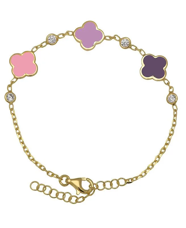 Multi-Color Enamel Clovers and Cubic Zirconia Bezel Station Chain Link Bracelet in 14K by Lily Nily