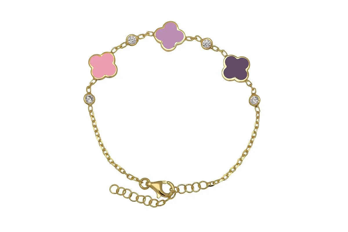 Multi-Color Enamel Clovers and Cubic Zirconia Bezel Station Chain Link Bracelet in 14K by Lily Nily