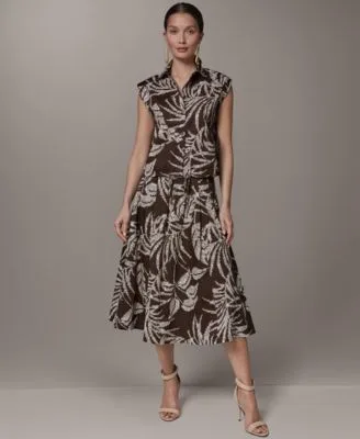 Button Front Drawstring Top Printed Pleated Skirt by Donna Karan New York