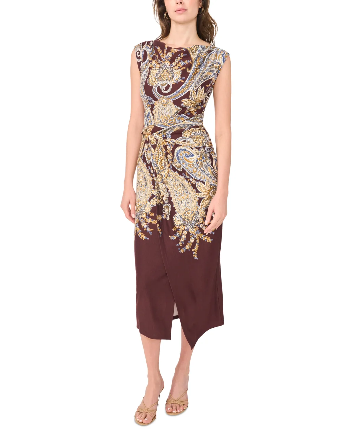 Boat Neck Paisley Sleeveless Wrap Dress by Msk