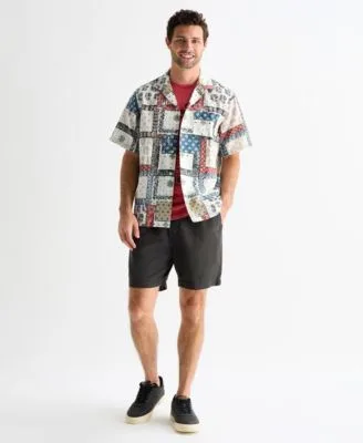 Short Sleeve Printed Camp Collar Shirt Baja Soul Graphic Tee Paired with Raven Pull on Linen Shorts by Lucky Brand