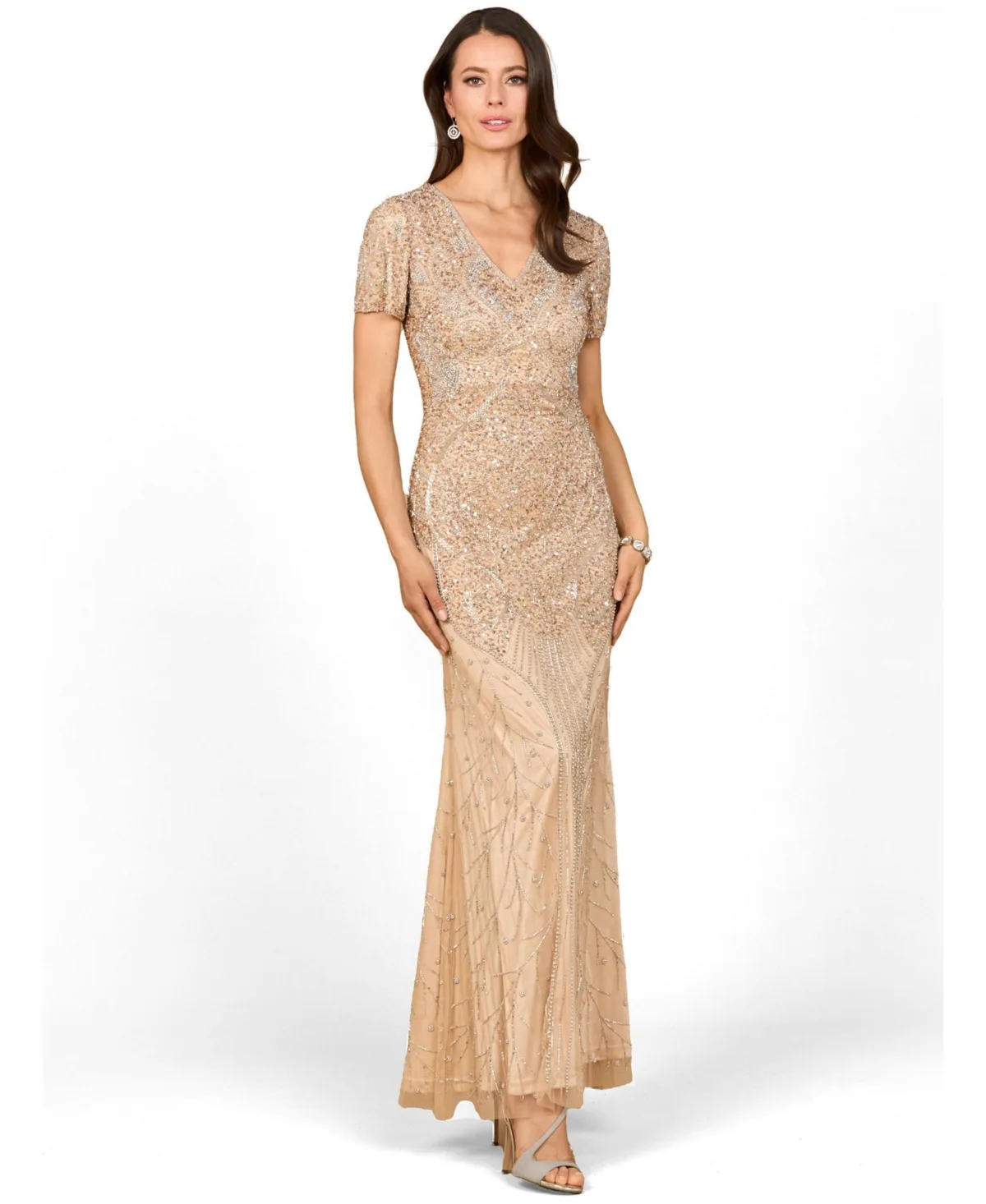 Short Sleeve Sheath Beaded Gown by Lara