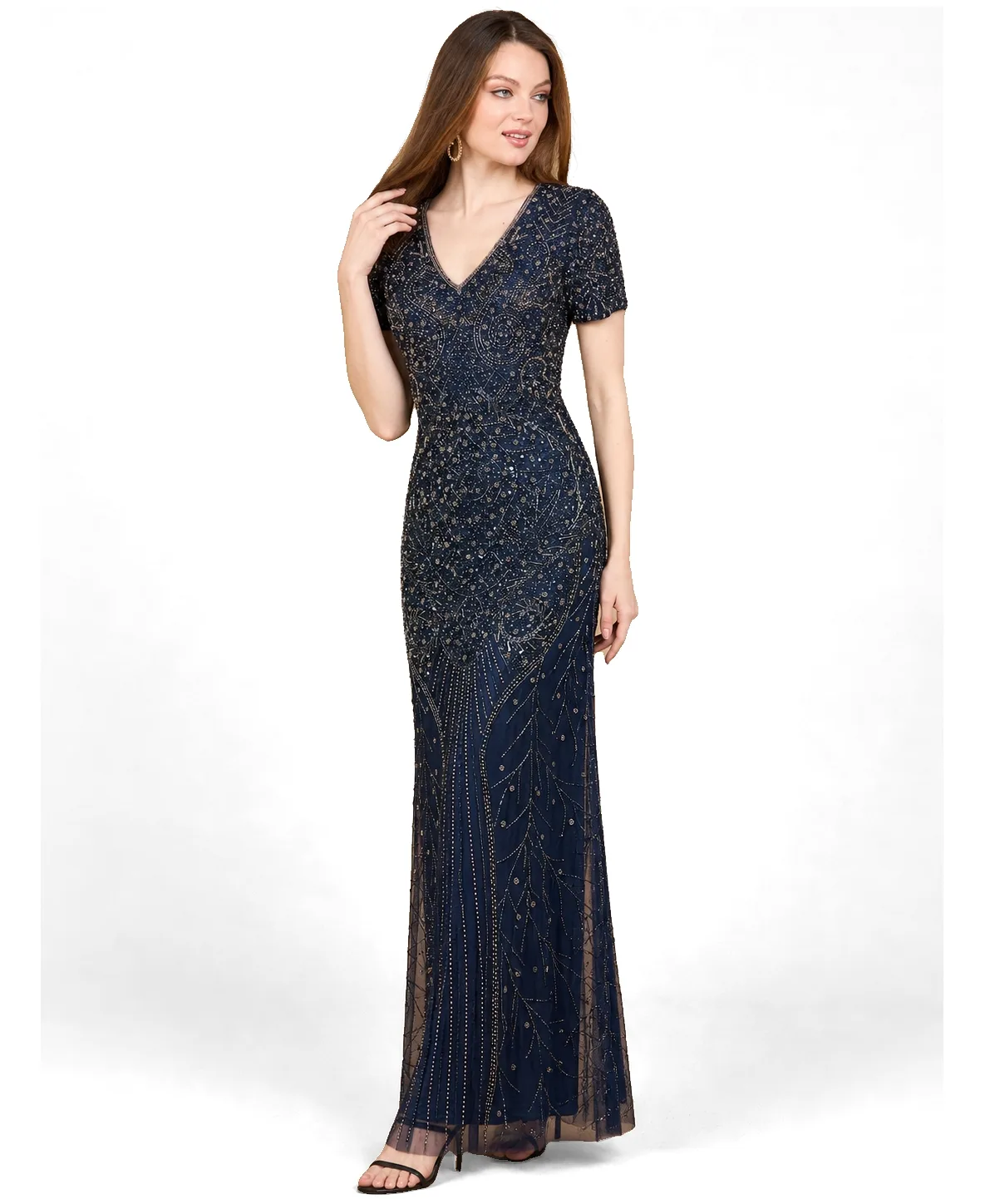 Short Sleeve Sheath Beaded Gown