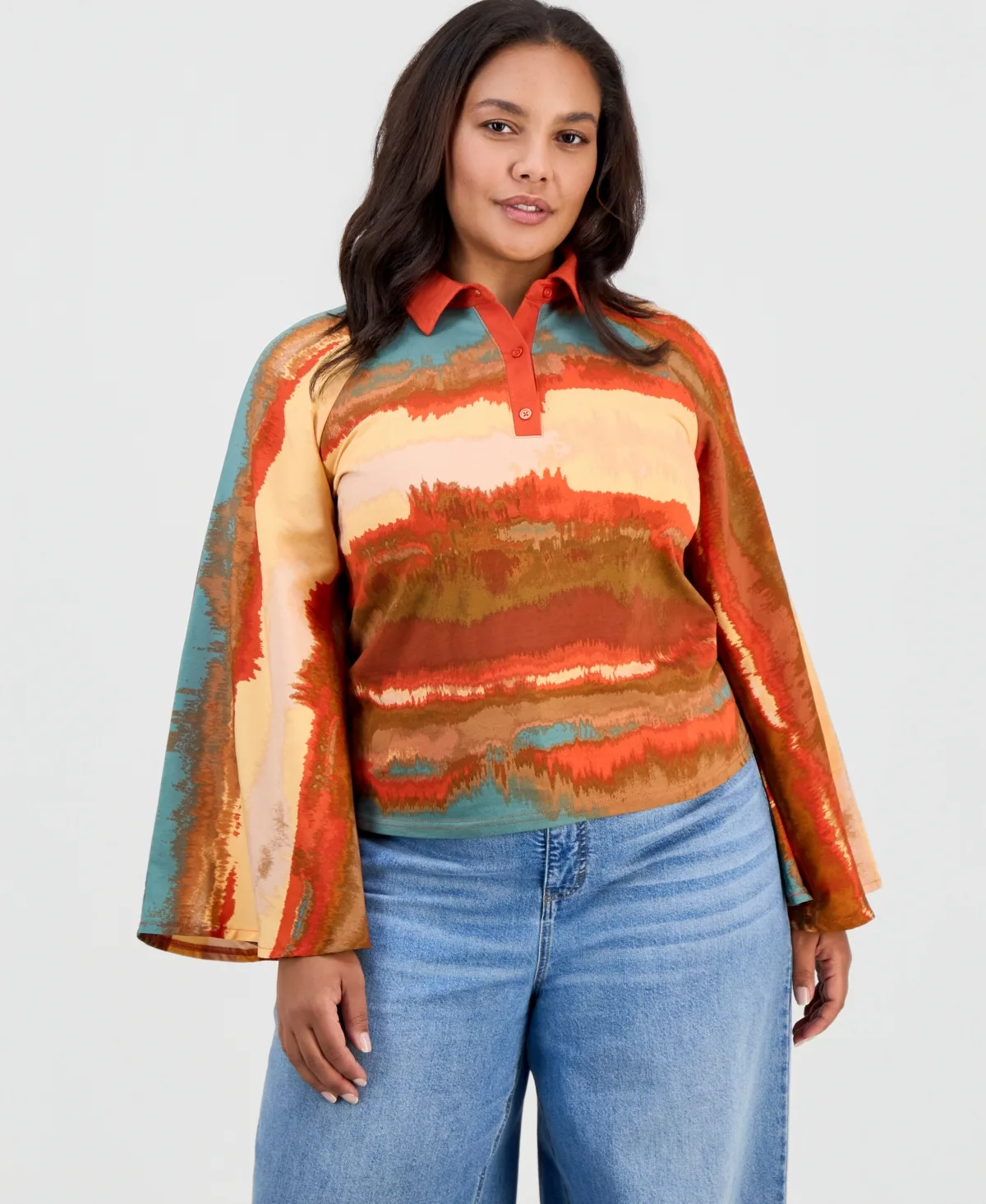 Long-Flare-Sleeve Knit-to-Woven Polo Shirt by Full Circle Trends