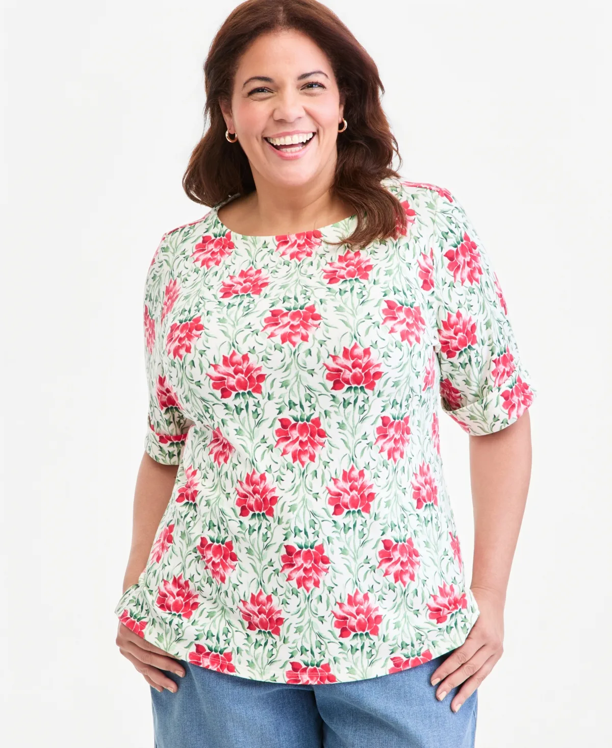 Printed Boat-Neck Elbow Sleeve Top