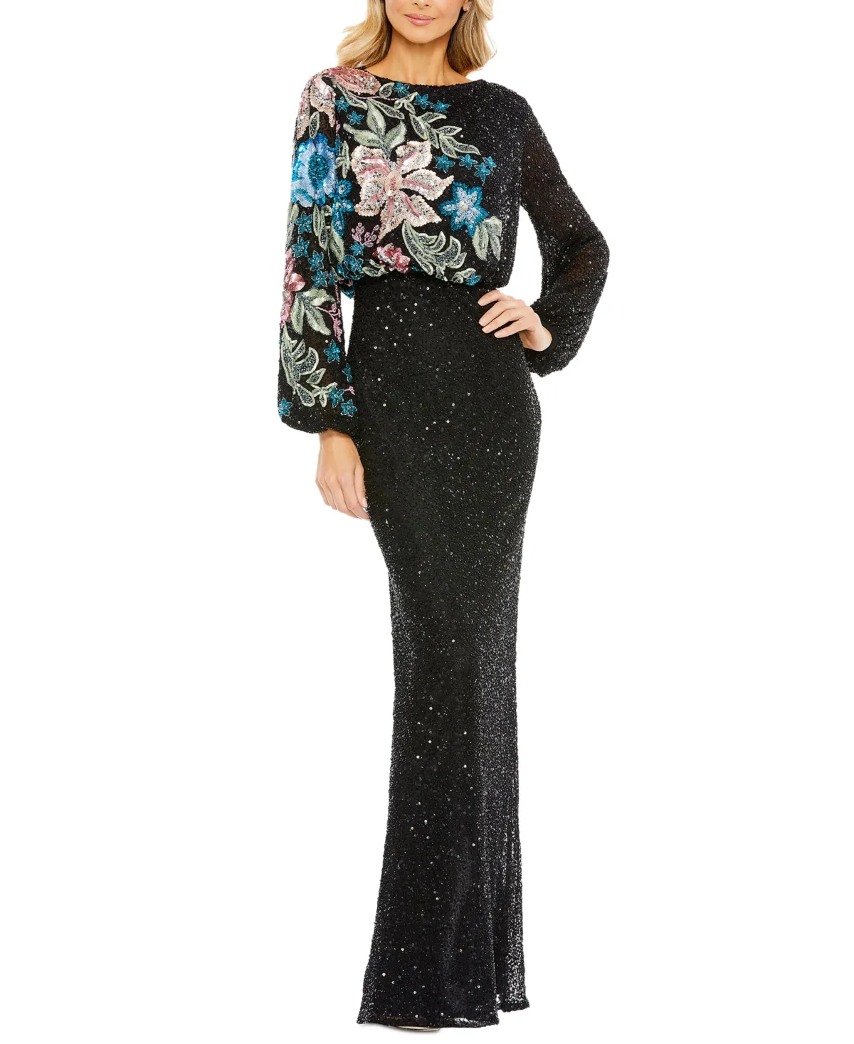 Mac Duggal Sequined Floral Blouson Long-Sleeve Gown by M.A.C.