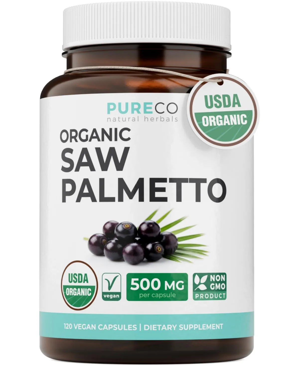 Saw Palmetto Capsules 500 Mg Whole Berry Powder 120 Capsules by Pure Co