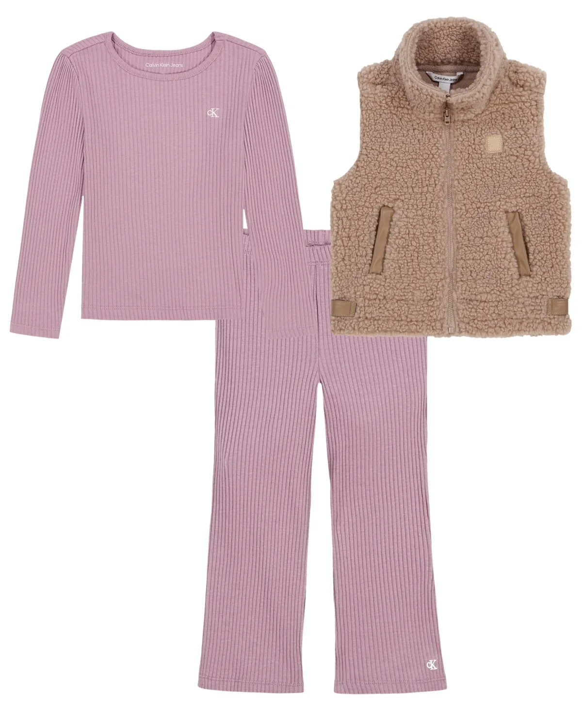 Sherpa Flare Vest, T-Shirt and Leggings 3-Piece Set by Calvin Klein