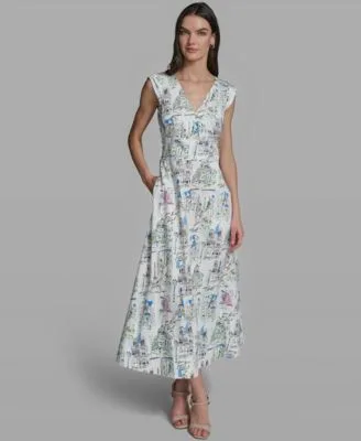 Sleeveless V Neck Printed Midi Dress by Karl Lagerfeld