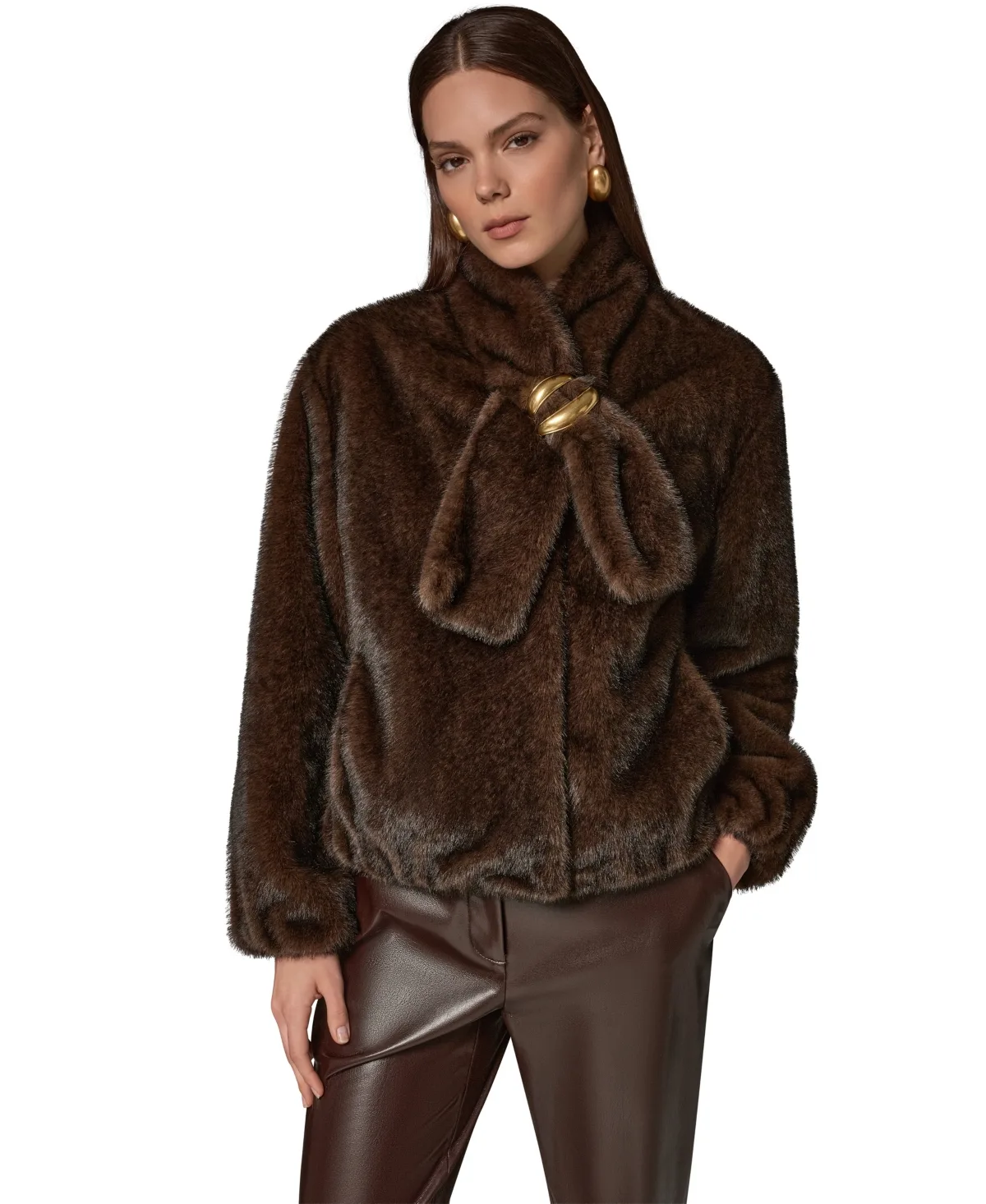 Short Faux Fur Coat with Scarf by Donna Karan New York