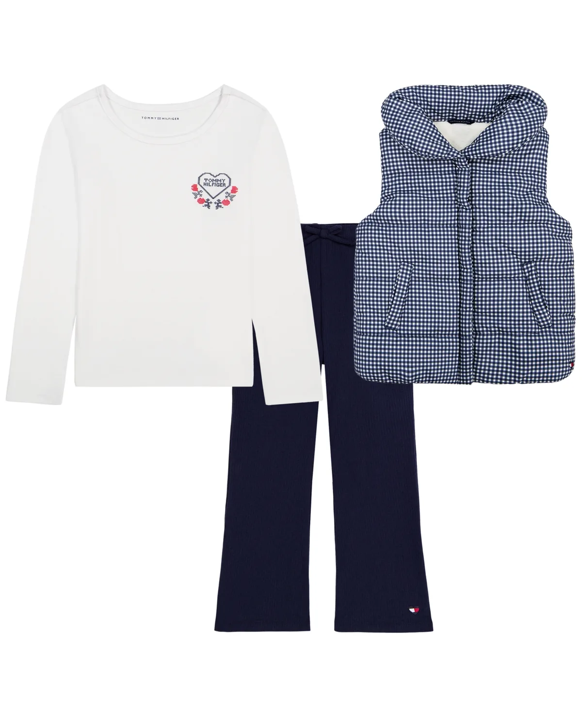 Puffer Check Flare-Leg Vest T-Shirt and Pants 3-Piece Set by Tommy Hilfiger