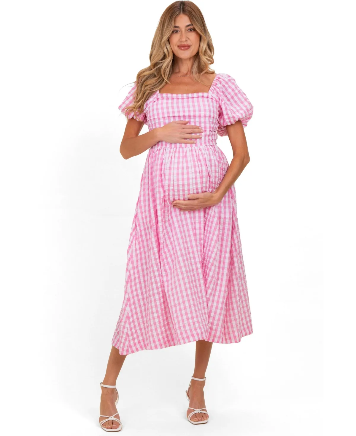 Maternity Gingham Puff Sleeve Midi Dress by PinkBlush