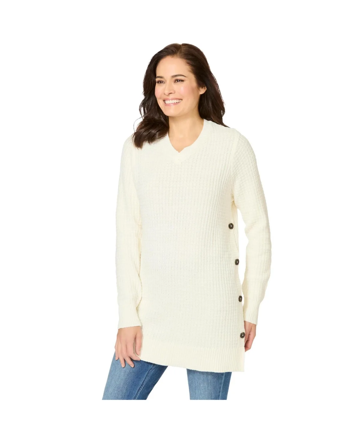 Side Button V-Neck Waffle Knit Sweater by Woman Within