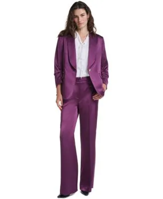Ruched 3/4 Sleeve Shawl Collar Blazer Sleeveless V Neck Dotted Blouse High Waisted Wide Leg Pants by Karl Lagerfeld