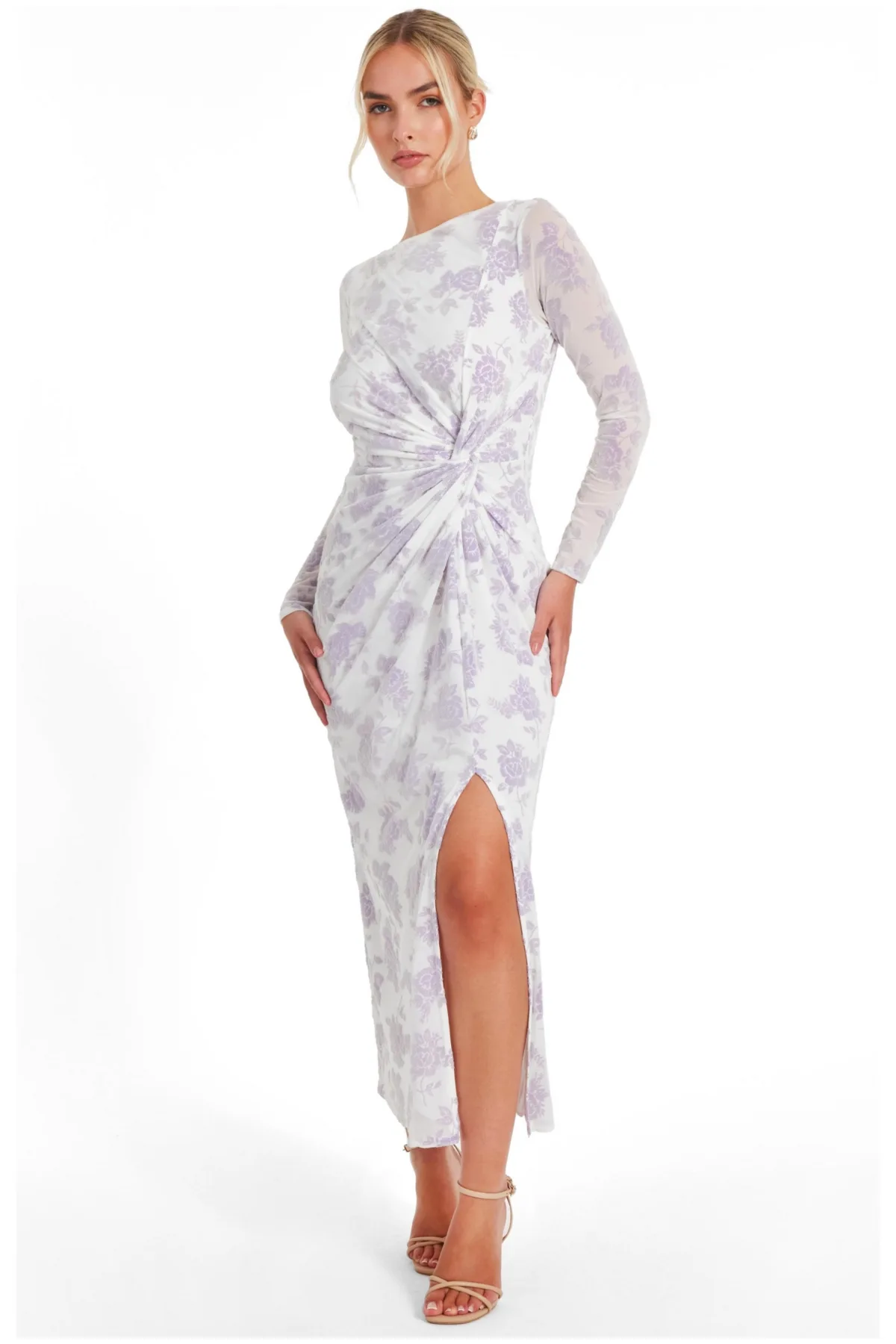 Flocked Mesh Floral Maxi Dress by Quiz