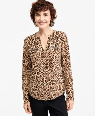 Long Sleeve V Neck Leopard Print Blouse by JM Collection