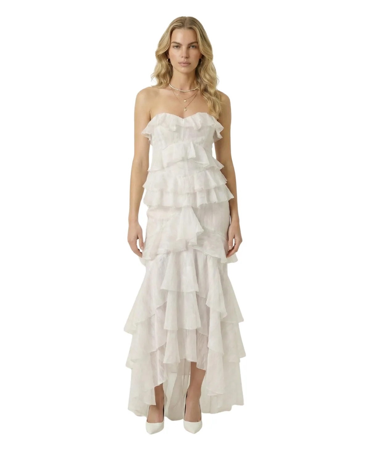 Strapless Raw Edge Tiered Ruffle Maxi Dress by Modenaire