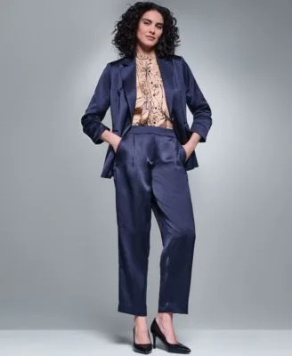 Satin 3/4 Sleeve Collared One Button Blazer Floral Long Sleeve Mock Neck Blouse Satin Mid Rise Ankle Pants by Karl Lagerfeld