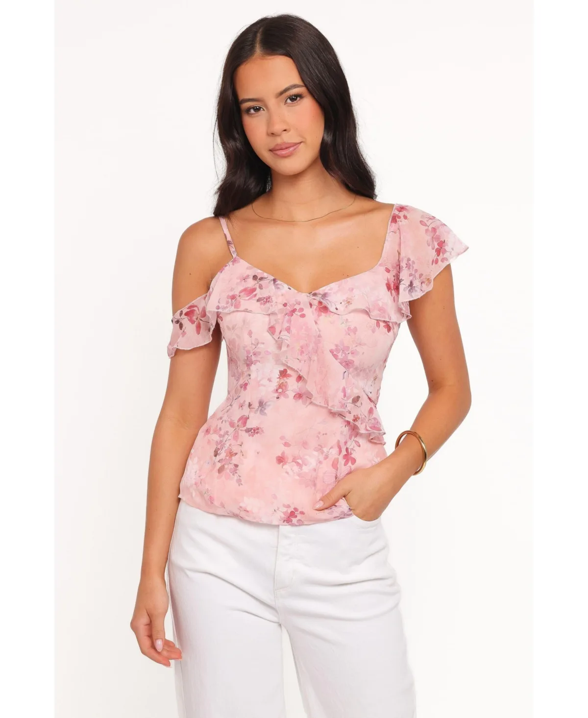 Xandra Short-Sleeve Square-Neck Chiffon Blouse by Petal & Pup