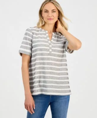 Striped Split Neck Short Sleeve Top by Style & Co