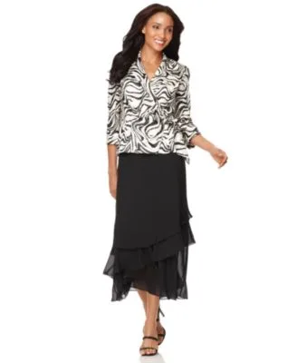 Printed Blouse Tiered Chiffon Midi Skirt by Alex Evenings