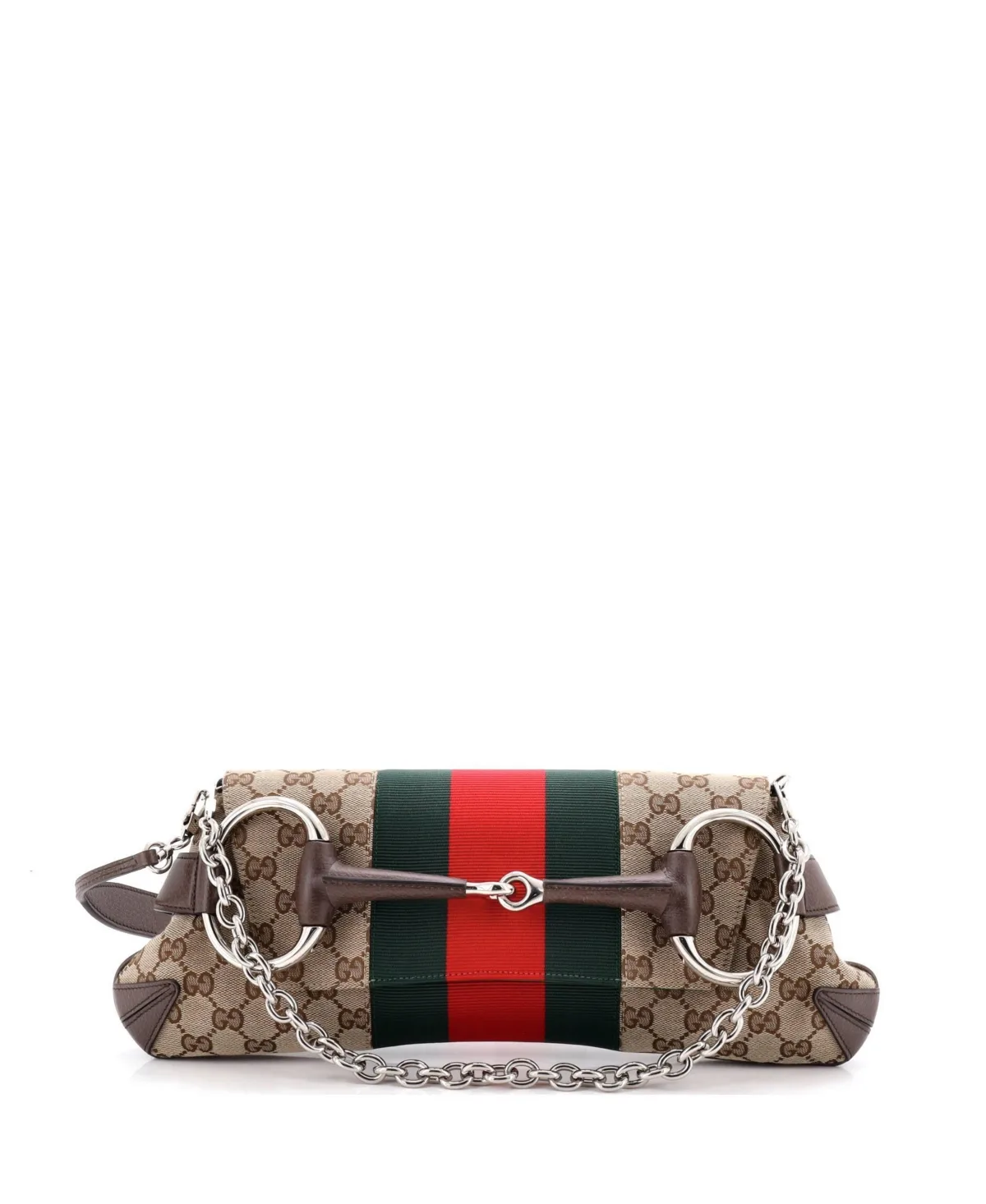 Pre-Owned Gucci Medium Horsebit Nm Web Chain Clutch Gg Canvas by Gucci