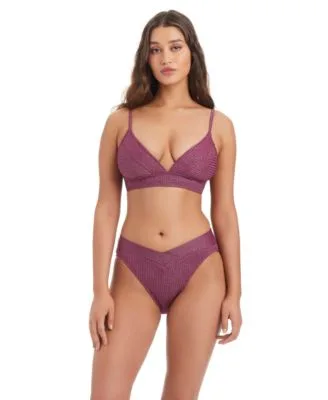 Rib Shine Over the Shoulder Swimsuit Bikini Top V Waist High Leg Swim Bottoms by Bar III