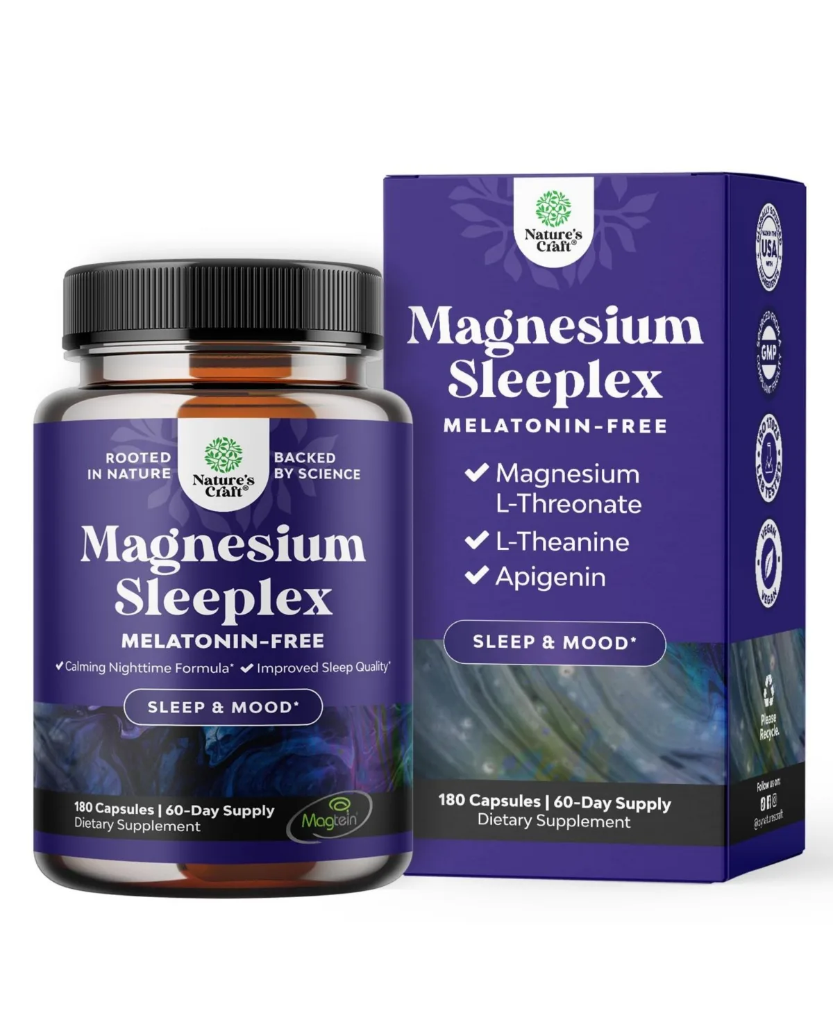 Magnesium L-Threonate with Apigenin L-Theanine and Lemon Balm 180 Count by Natures Craft