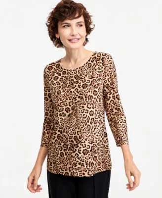 Bold Leopard 3/4 Sleeve Jacquard T-Shirt by JM Collection