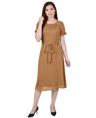 Short Sleeve Belted Swiss Dot Dress by Ny Collection
