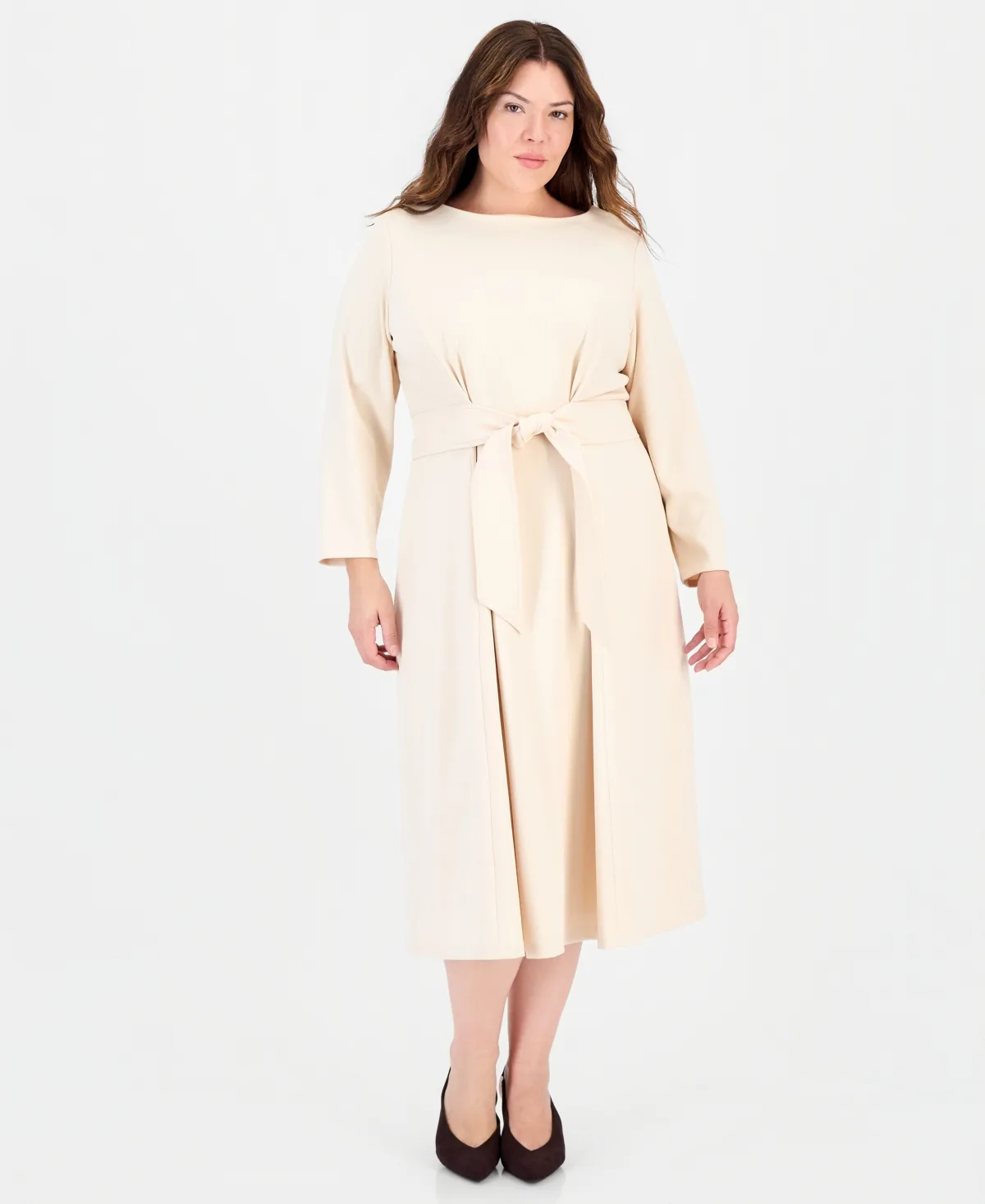 Aline Tie Waist Midi Long-Sleeve Dress by Anne Klein