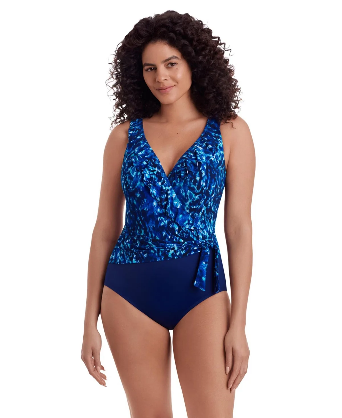 Ruffle Front Sash Surplice Long Torso One-Piece Swimsuit by Longitude