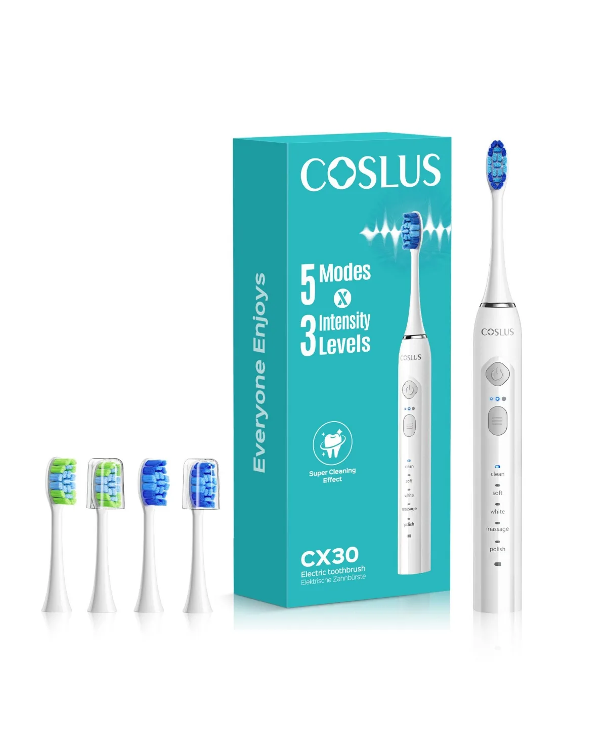 CX30 Sonic Electric Toothbrush, 5 Modes 3 Intensity Levels for Sensitive Teeth and Braces by Coslus