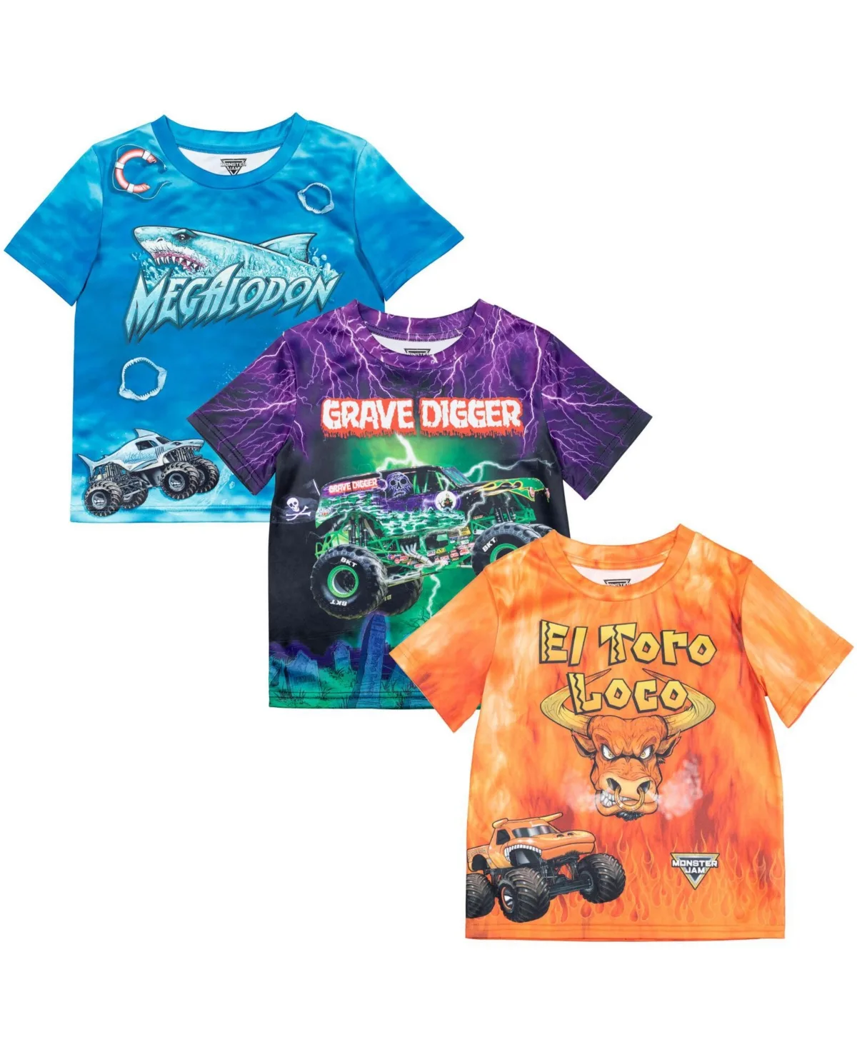 Monster Jam 3 Pack T-Shirts Grave Digger El Toro Loco Megalodon by Monster Jam