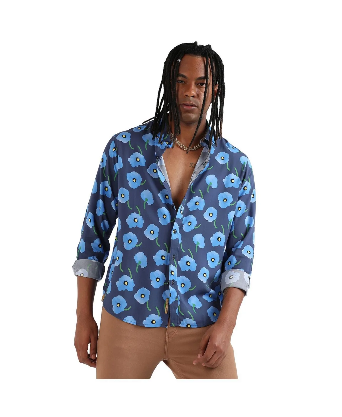 EcoLiva Indigo Blue Flora Block Shirt by Campus Sutra