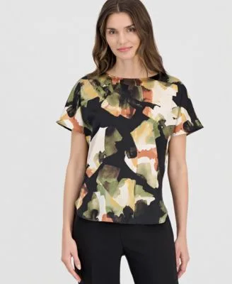 Printed Boat Neck Short Sleeve Top by Anne Klein