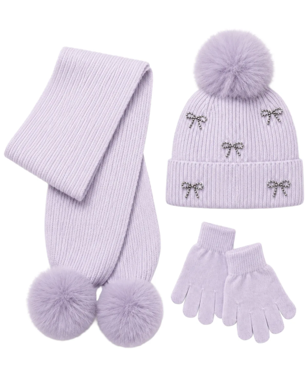 Pom-Pom Bow Cold-Weather Hat, Scarf, and Gloves, 3-Piece Set by Rainbow