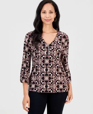 Printed 3/4 Sleeve Zip Front Top by JM Collection