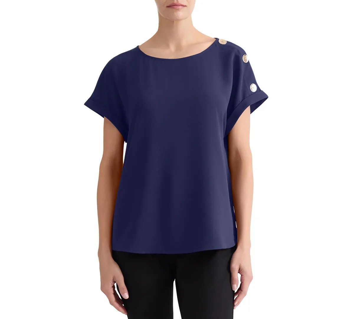 Shoulder Button Detail Crepe Blouse by Jones New York