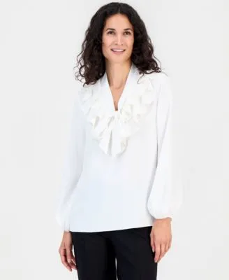 Ruffle Neck Tie Front Long Sleeve Blouse by Kasper
