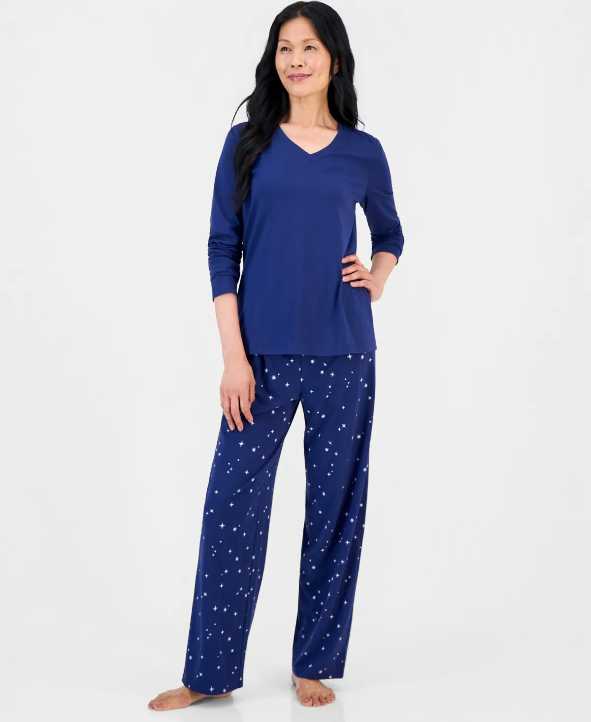 Cotton-Blend Long Sleeve V-Neck Pajama Pant Set by Charter Club