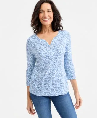 Printed 3/4 Sleeve Henley Top by Style & Co